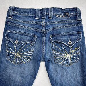 Miss Me Low Rise Bootcut Jeans Embroidered Flap Pockets Size 28 Medium Wash Y2K